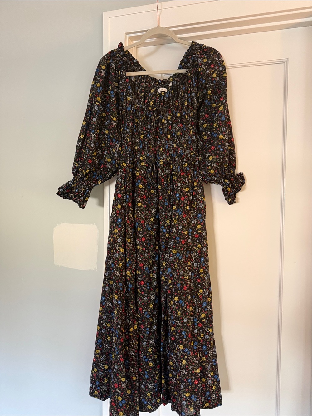 Doen Black Floral Smocked Dress with Multicolor Print